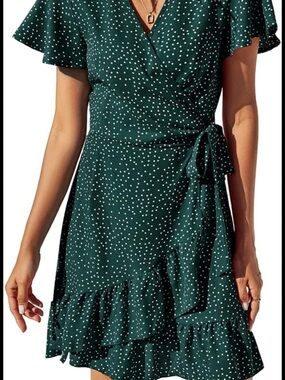 Forest Green Polka Dot Tie-Waist Mini Dress